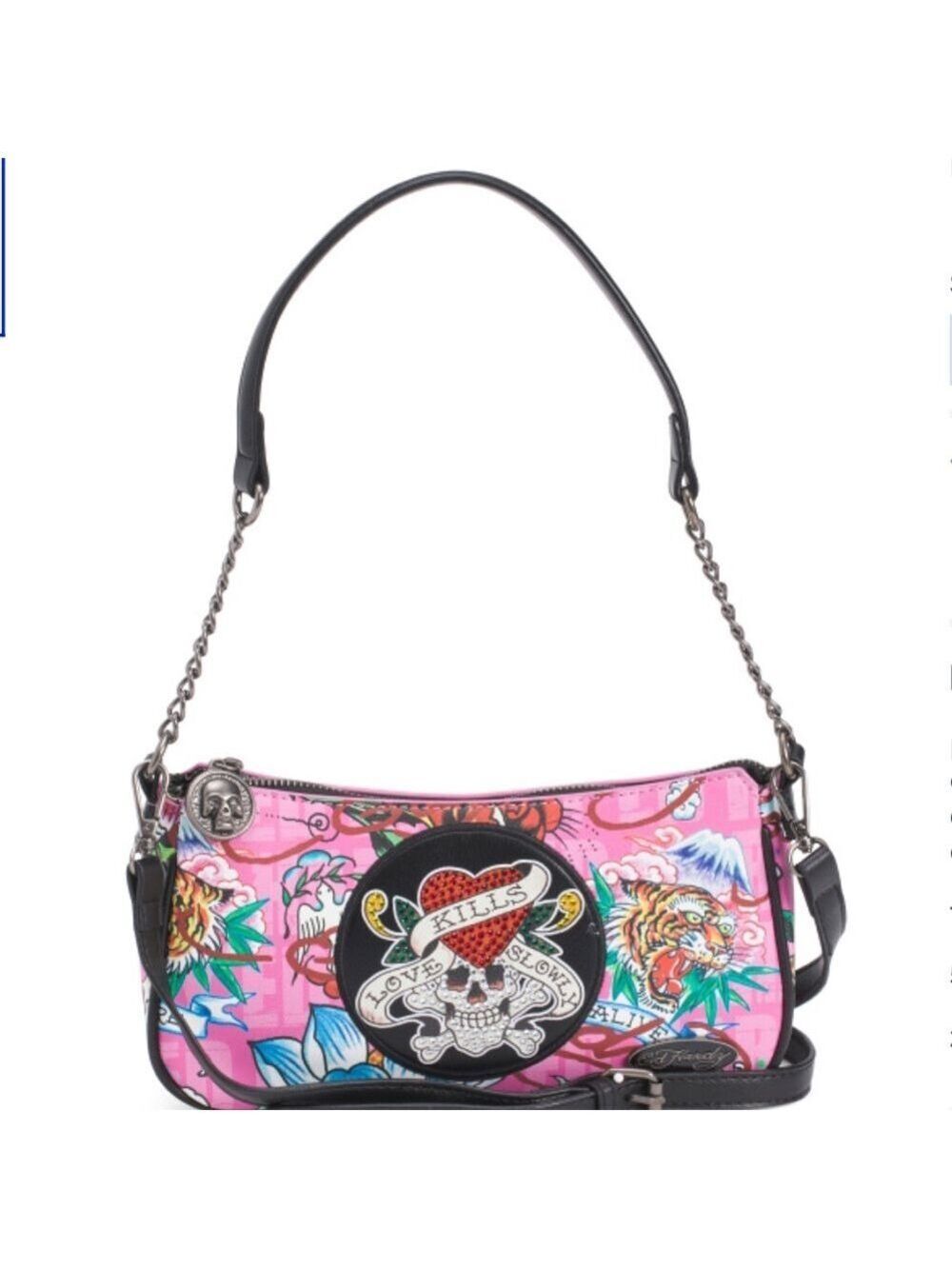 Ed Hardy Printed Two Strap Crossbody With Chain Detail New